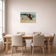 Unframed poster print of Winslow Homer's Eagle Head Manchester Massachusetts (High Tide) displayed on a wall in a dining room