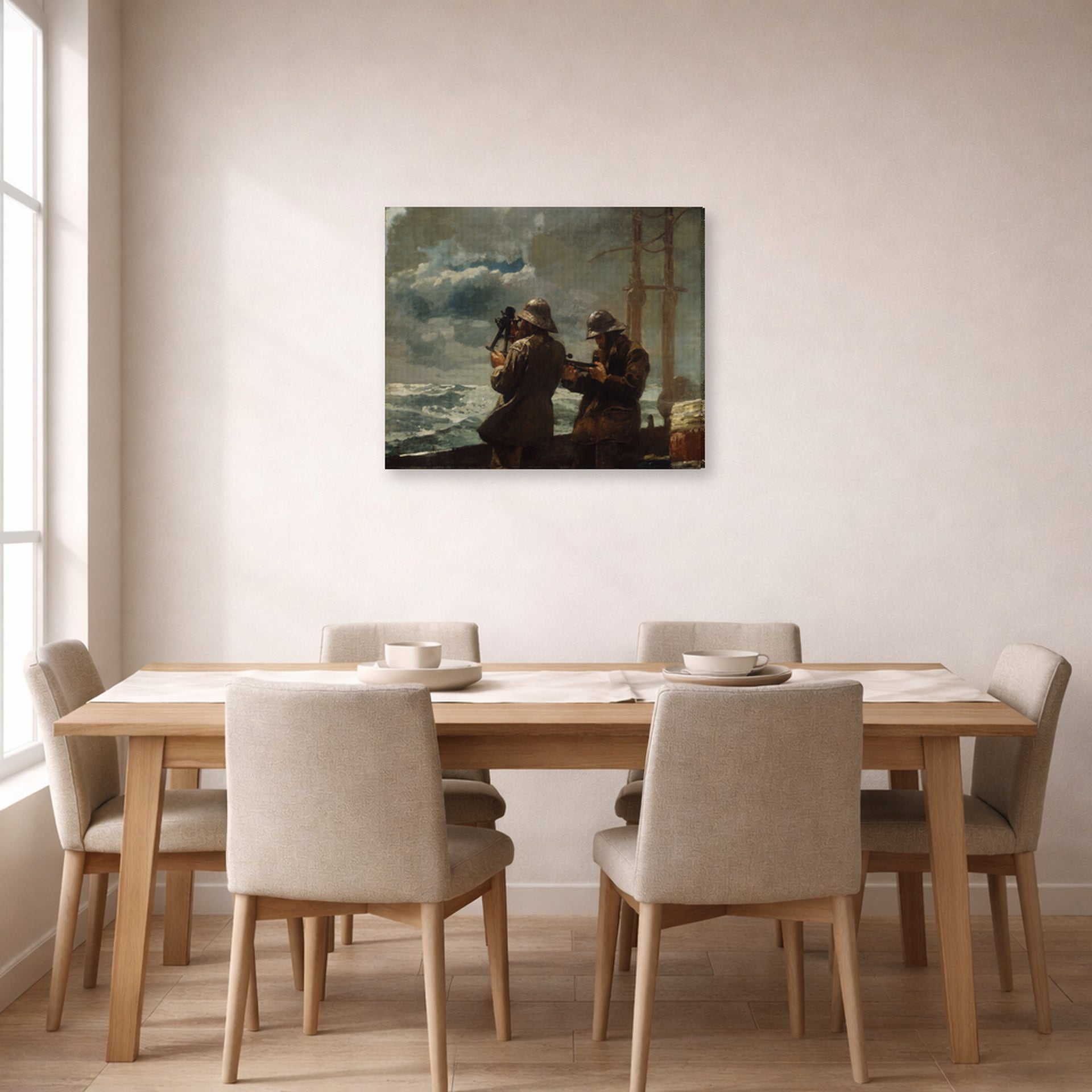 Gallery-wrapped canvas print of Winslow Homer's Eight Bells displayed on a wall in a dining room