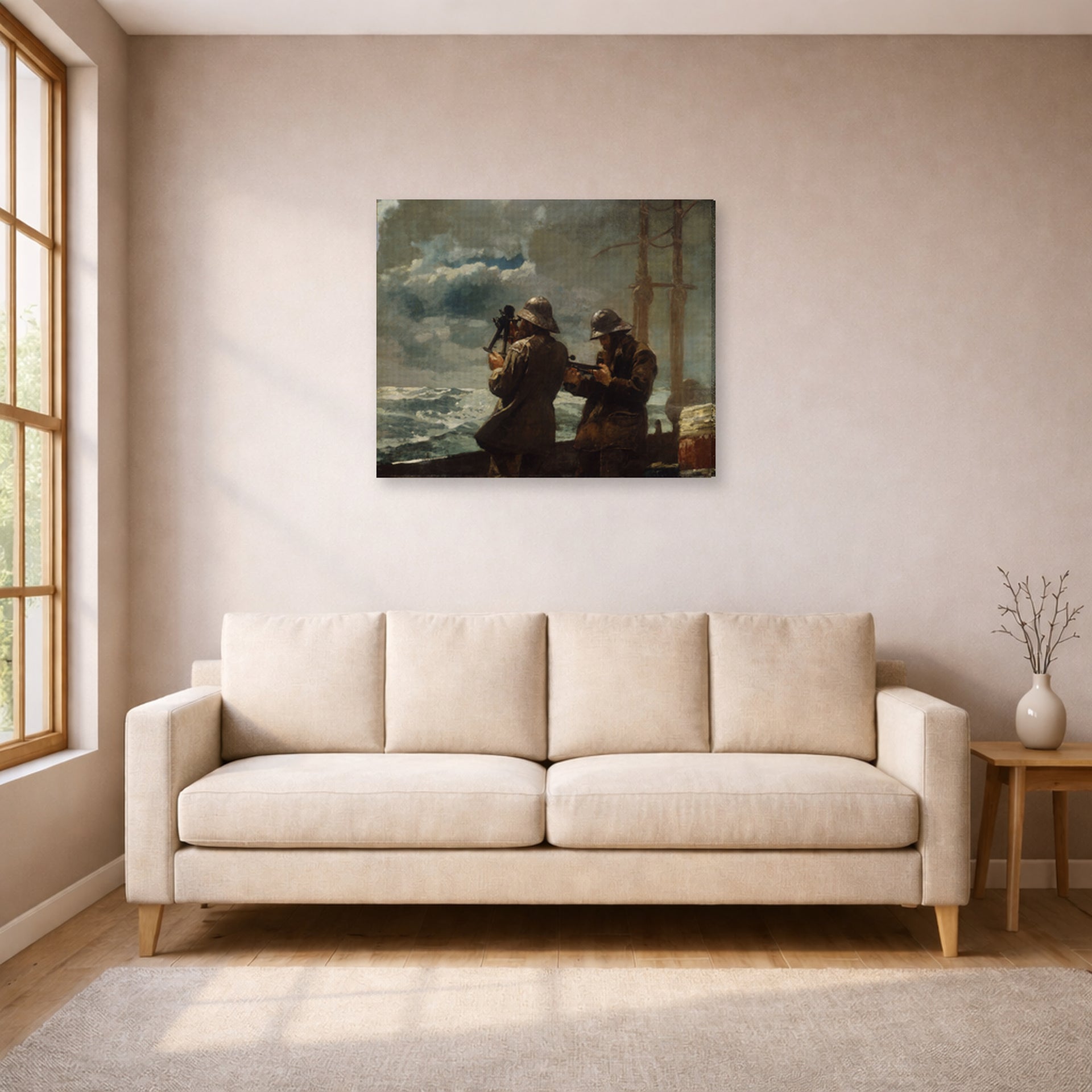 Gallery-wrapped canvas print of Winslow Homer's Eight Bells displayed on a wall in a living room