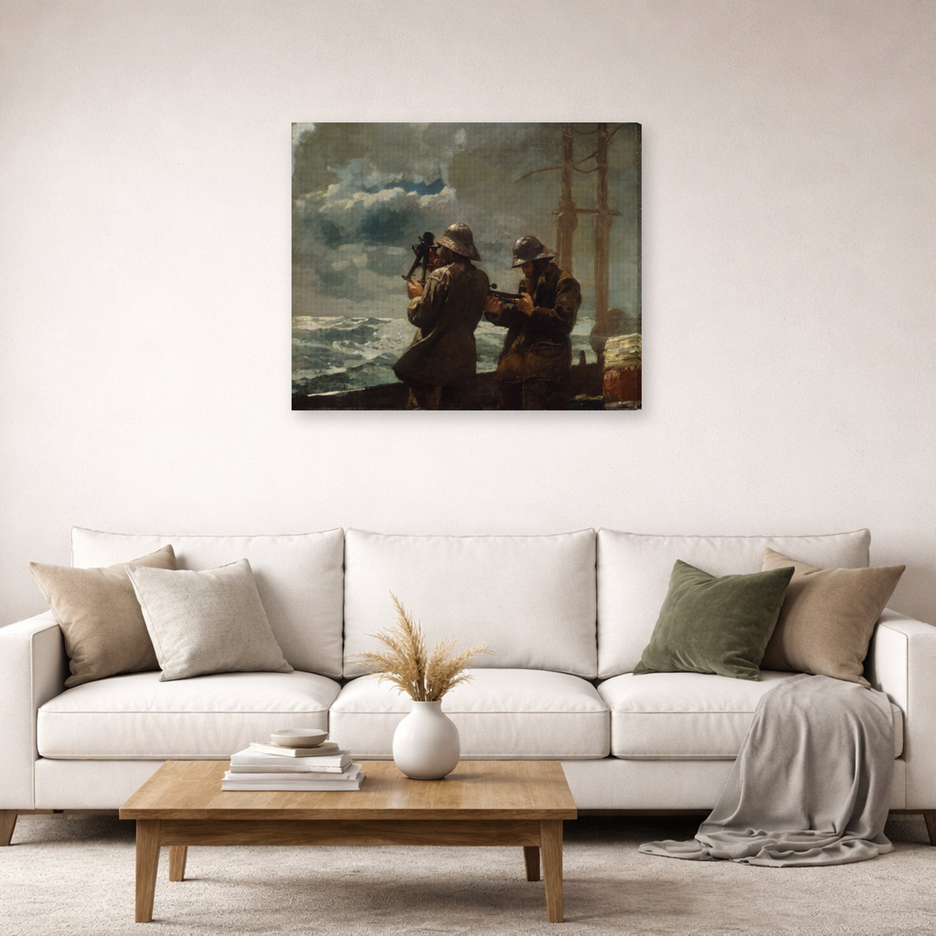 Gallery-wrapped canvas print of Winslow Homer's Eight Bells displayed on a wall in a living room