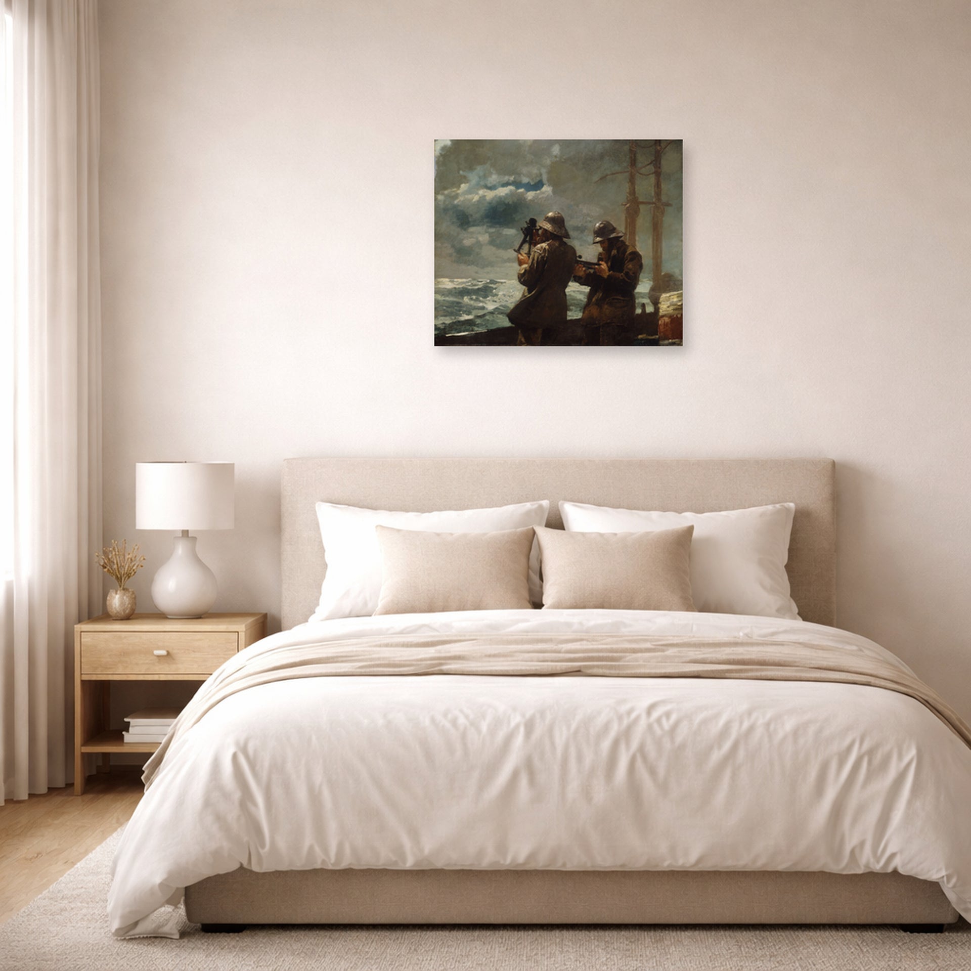 Unframed poster print of Winslow Homer's Eight Bells displayed on a wall in a bedroom