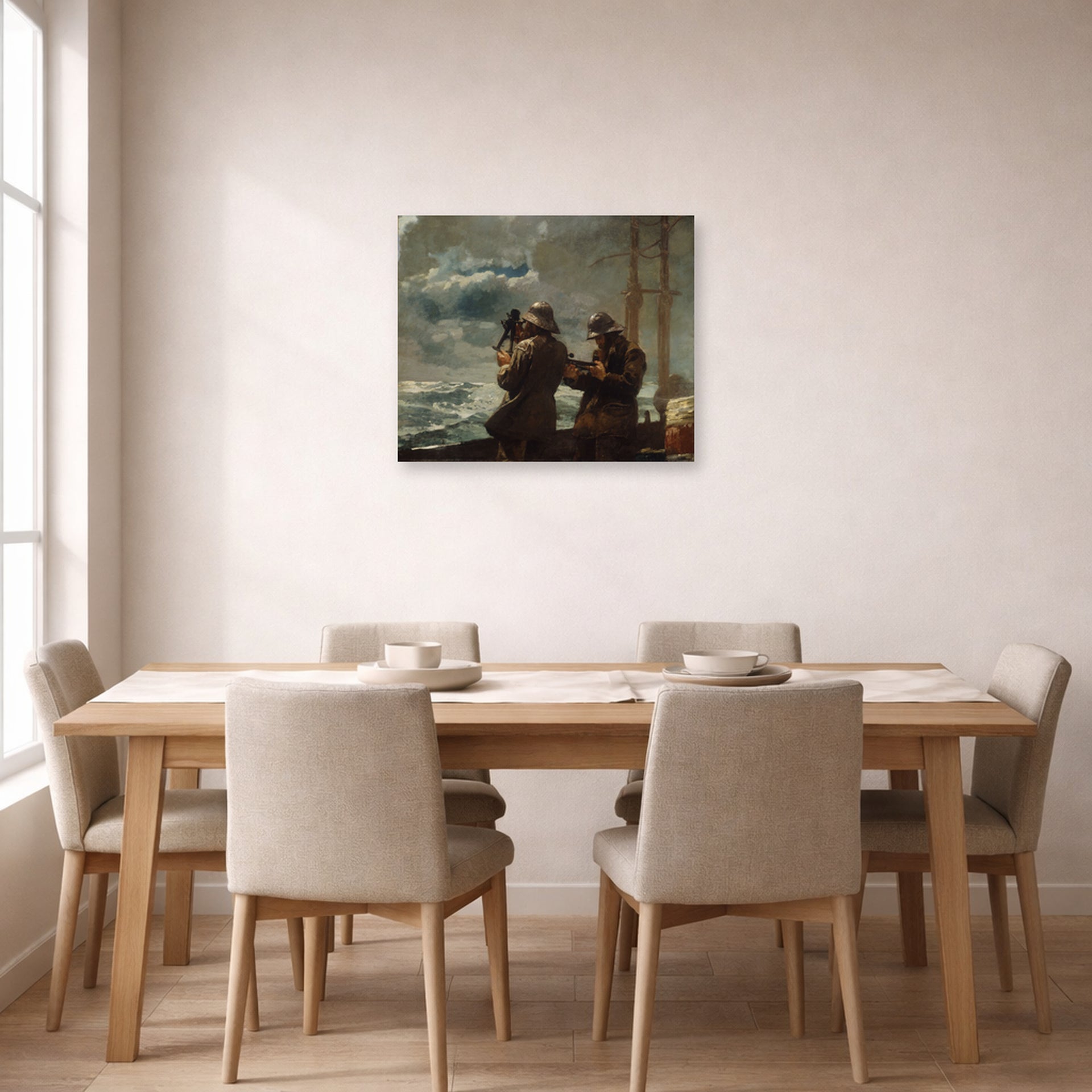 Unframed poster print of Winslow Homer's Eight Bells displayed on a wall in a dining room