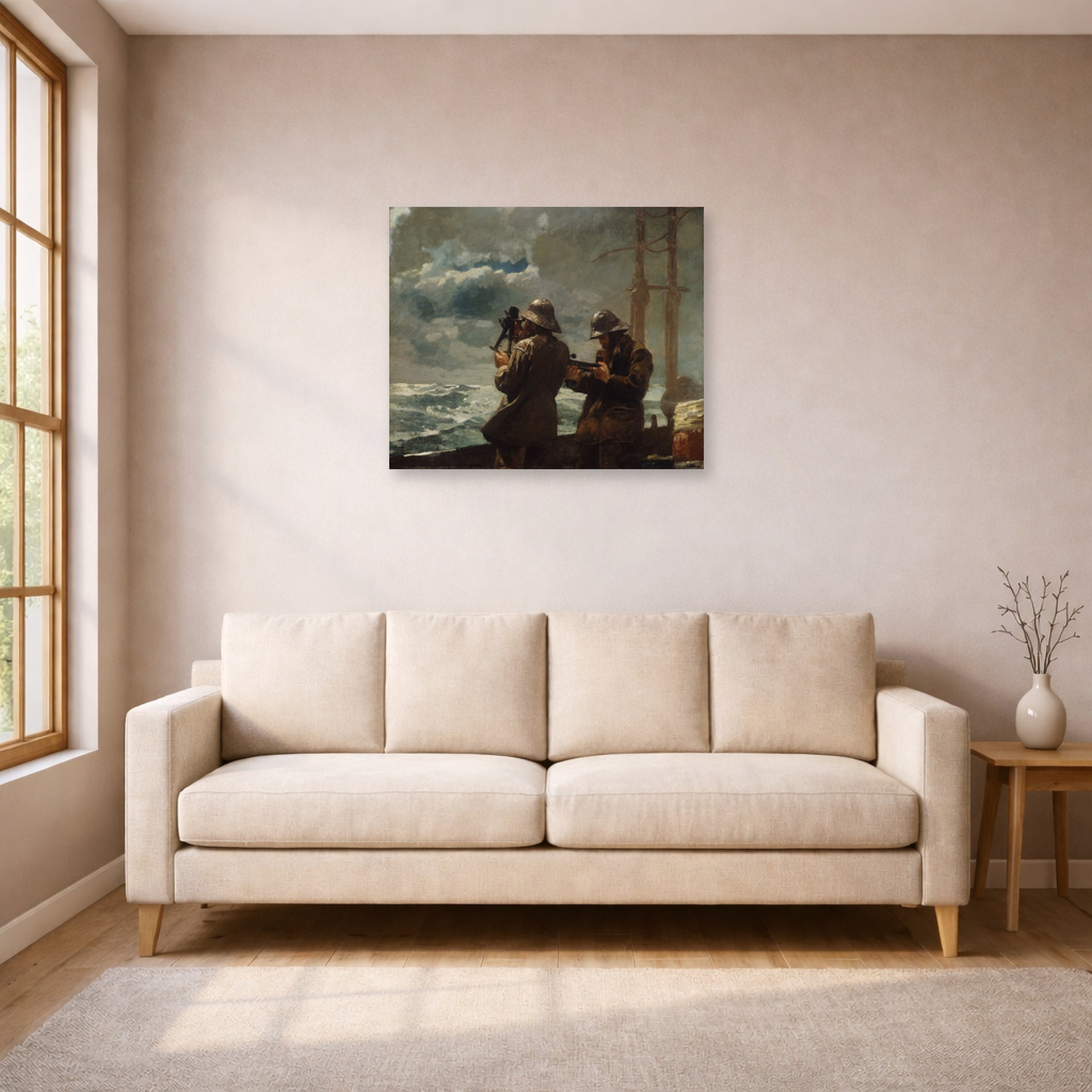 Unframed poster print of Winslow Homer's Eight Bells displayed on a wall in a living room