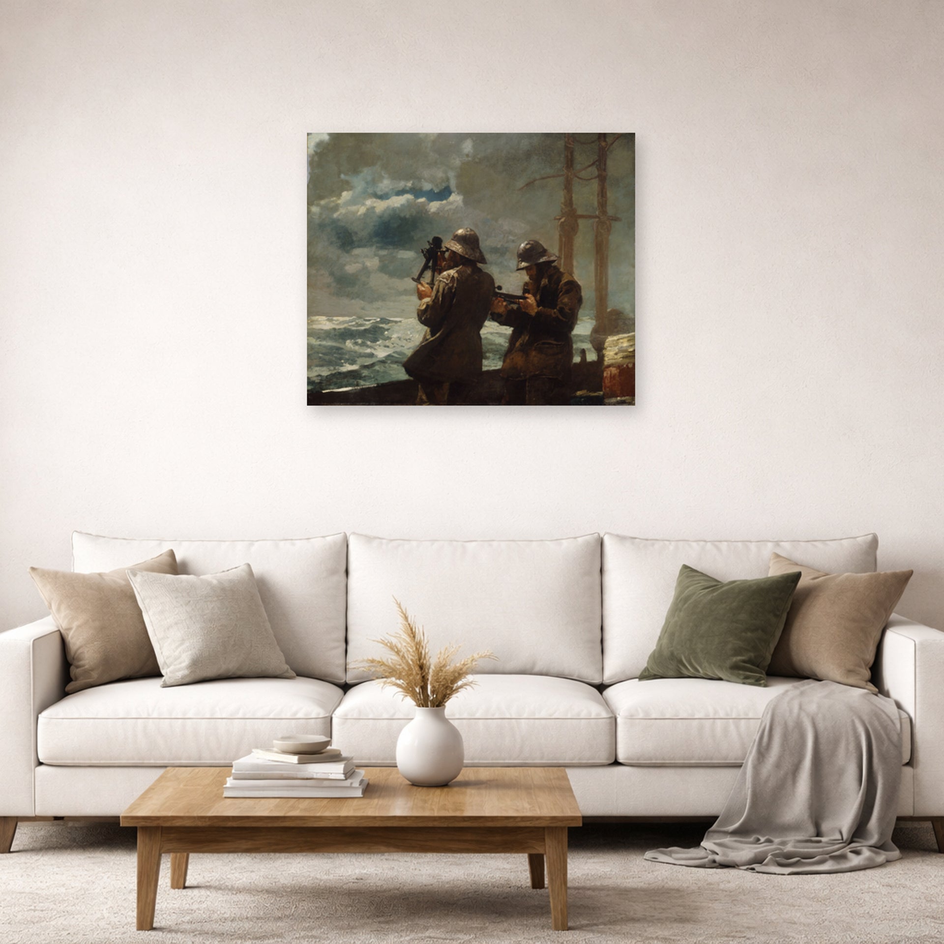 Unframed poster print of Winslow Homer's Eight Bells displayed on a wall in a living room
