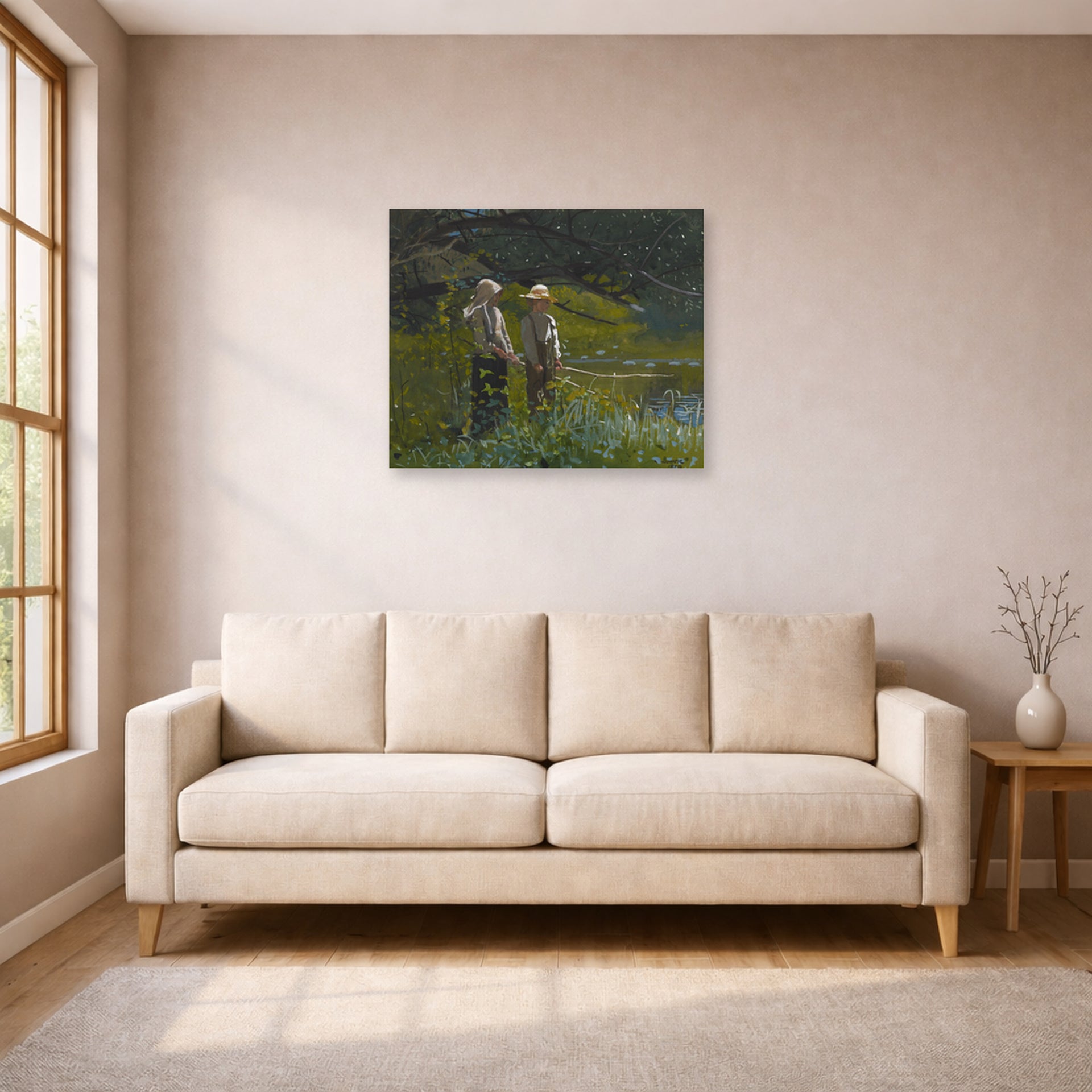 Unframed poster print of Winslow Homer's Fishing displayed on a wall in a living room