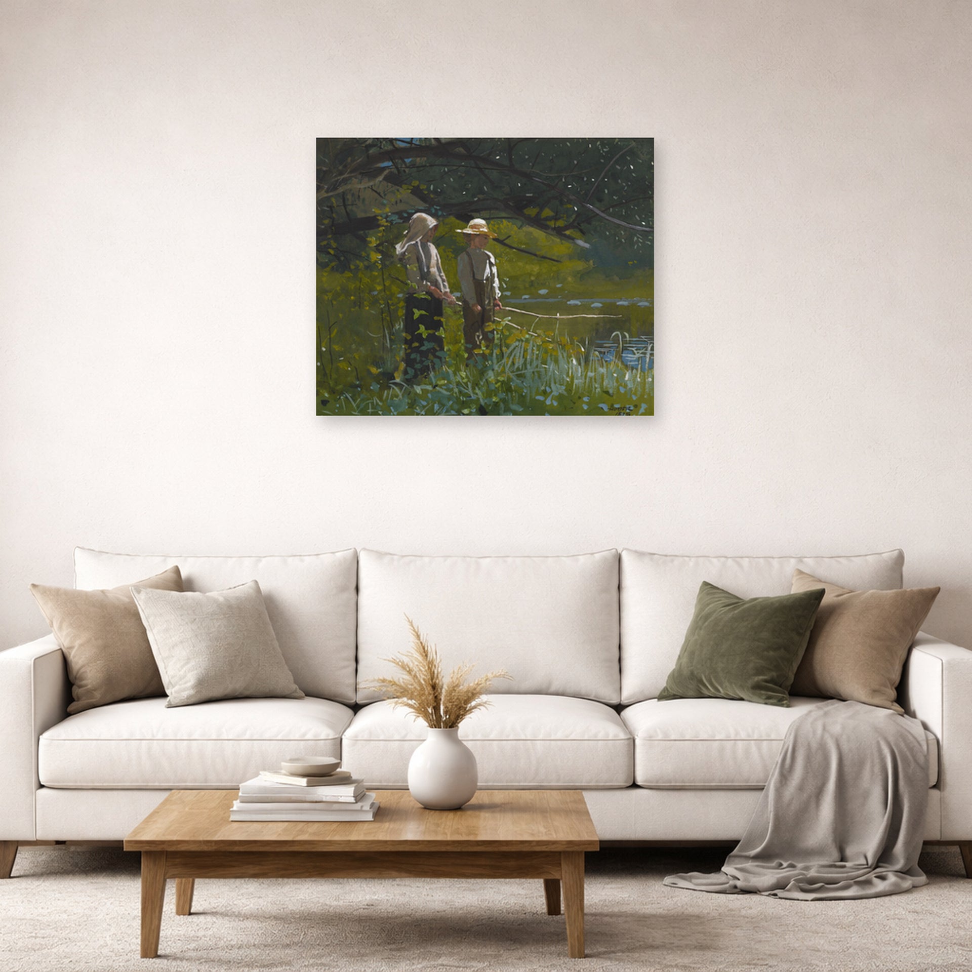 Unframed poster print of Winslow Homer's Fishing displayed on a wall in a living room