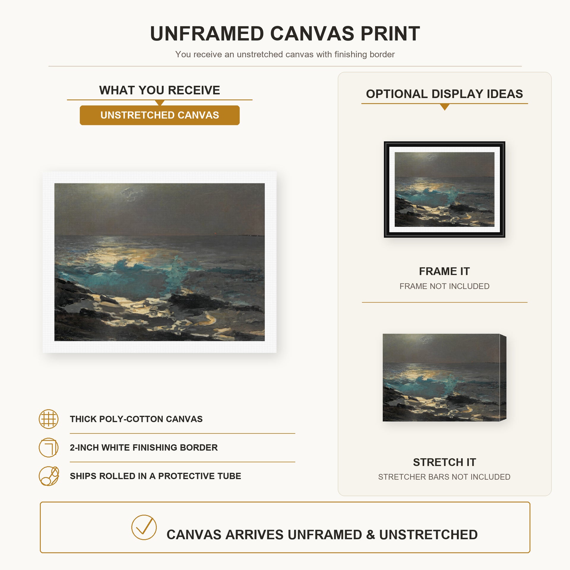 Winslow Homer - Moonlight Wood Island Light canvas print size comparison and framing display infographic