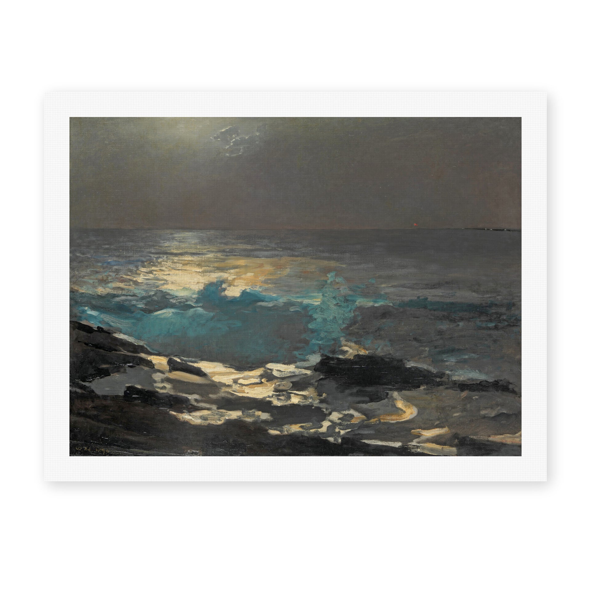 Winslow Homer's 'Moonlight Wood Island Light' painting reproduced as a rolled canvas print