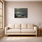 Gallery-wrapped canvas print of Winslow Homer's Moonlight Wood Island Light displayed on a wall in a living room