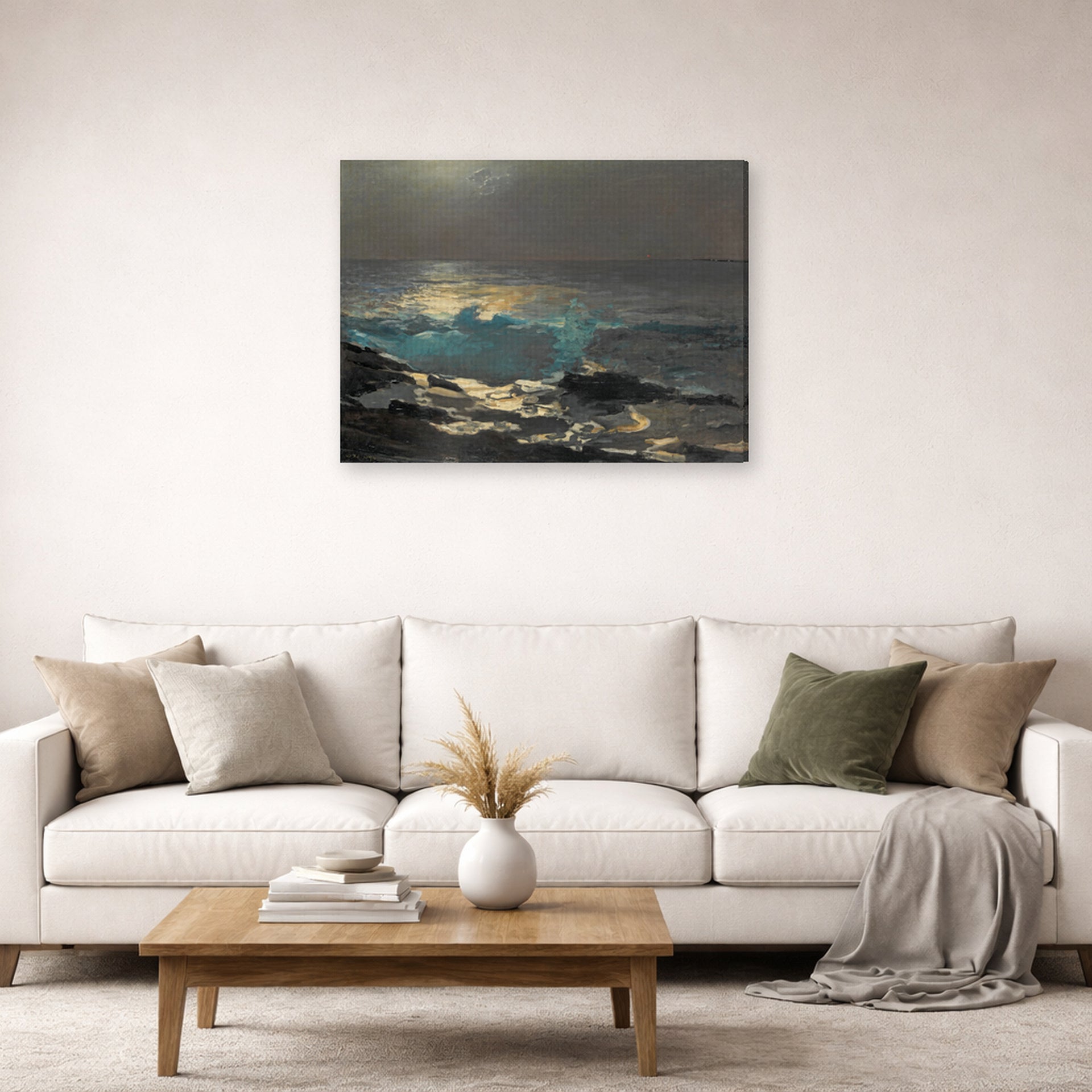 Gallery-wrapped canvas print of Winslow Homer's Moonlight Wood Island Light displayed on a wall in a living room