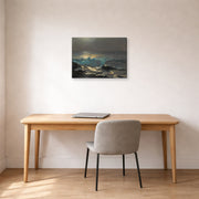 Gallery-wrapped canvas print of Winslow Homer's Moonlight Wood Island Light displayed on a wall in an office