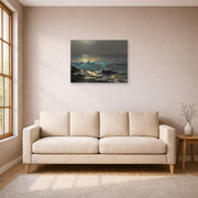 Unframed poster print of Winslow Homer's Moonlight Wood Island Light displayed on a wall in a living room