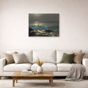 Unframed poster print of Winslow Homer's Moonlight Wood Island Light displayed on a wall in a living room
