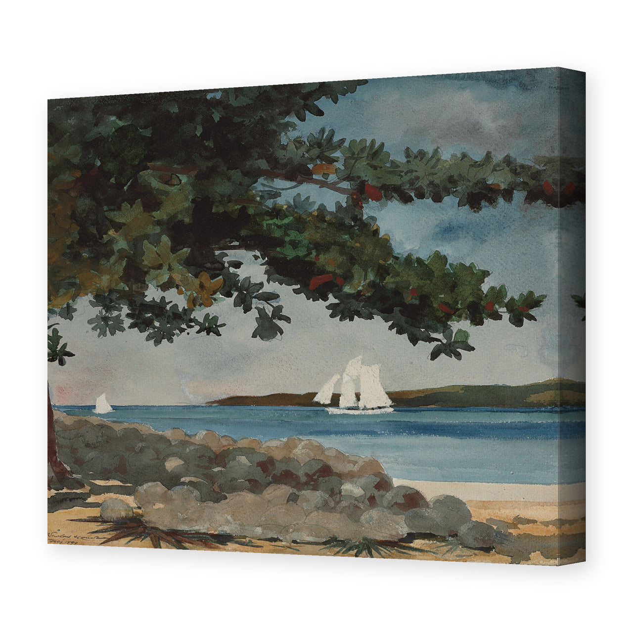 Winslow Homer's 'Nassau, Water and Sailboat' painting reproduced as a gallery-wrapped canvas print