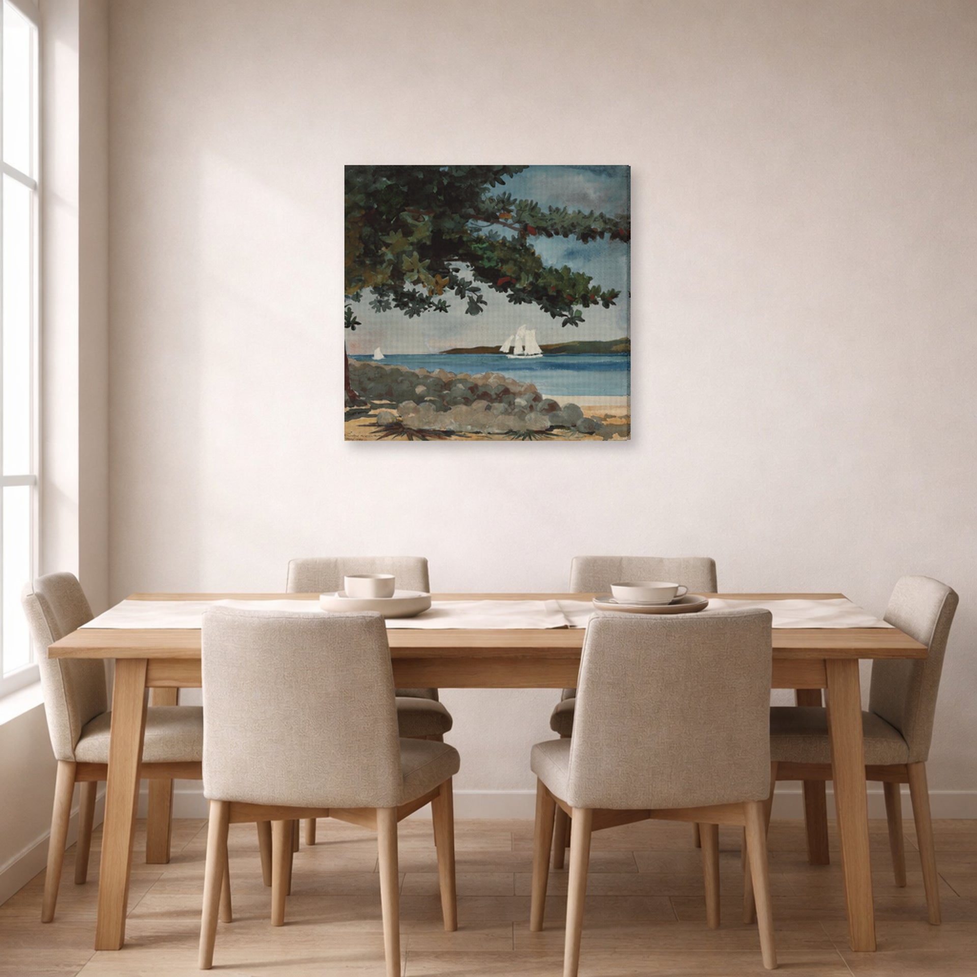Gallery-wrapped canvas print of Winslow Homer's Nassau, Water and Sailboat displayed on a wall in a dining room