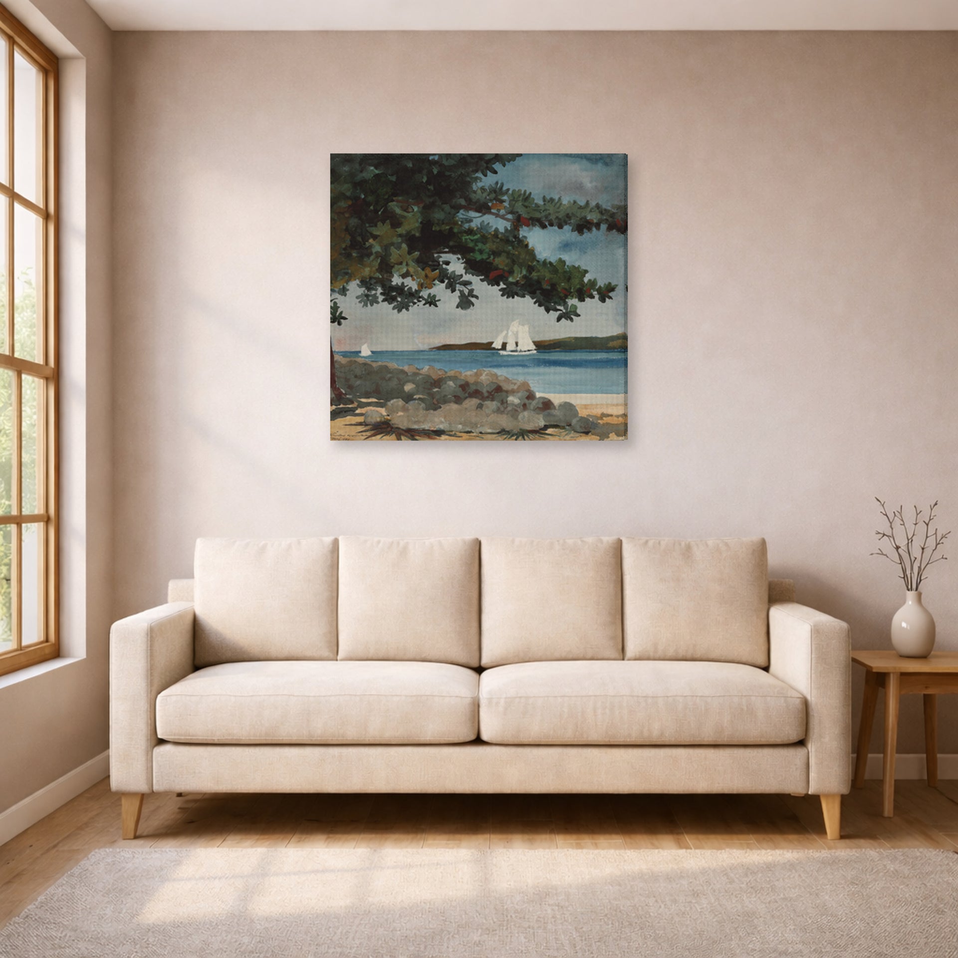 Gallery-wrapped canvas print of Winslow Homer's Nassau, Water and Sailboat displayed on a wall in a living room