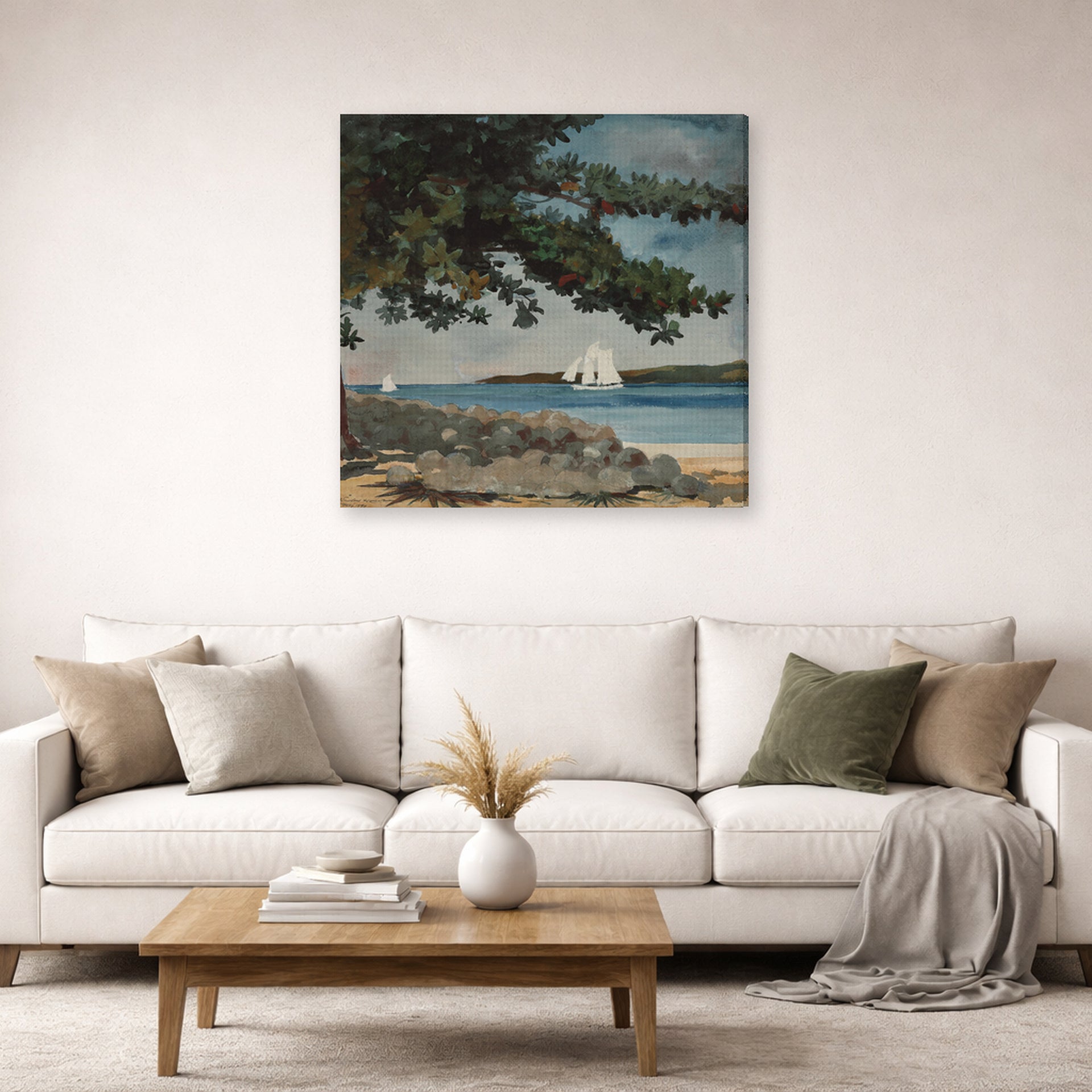 Gallery-wrapped canvas print of Winslow Homer's Nassau, Water and Sailboat displayed on a wall in a living room