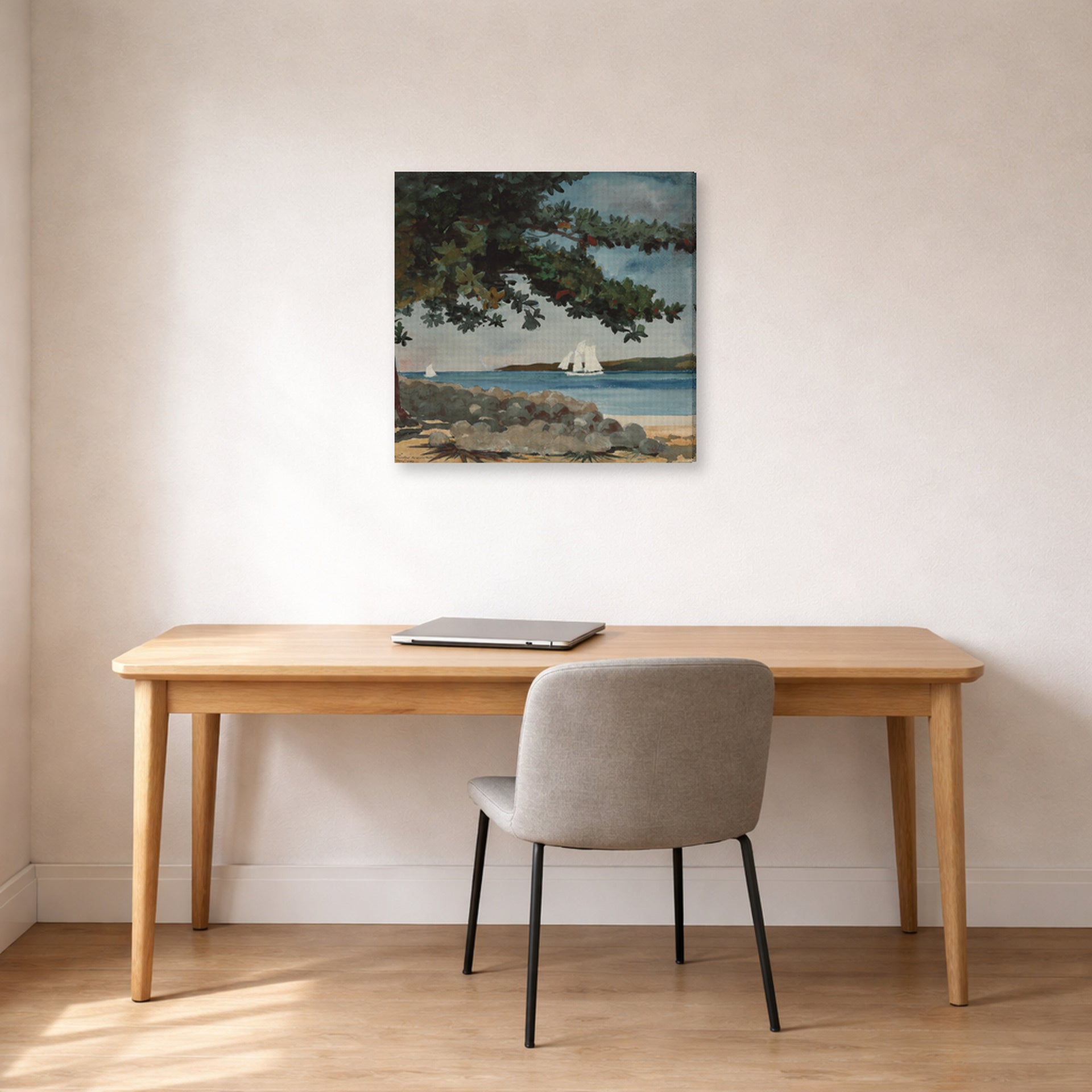 Gallery-wrapped canvas print of Winslow Homer's Nassau, Water and Sailboat displayed on a wall in an office