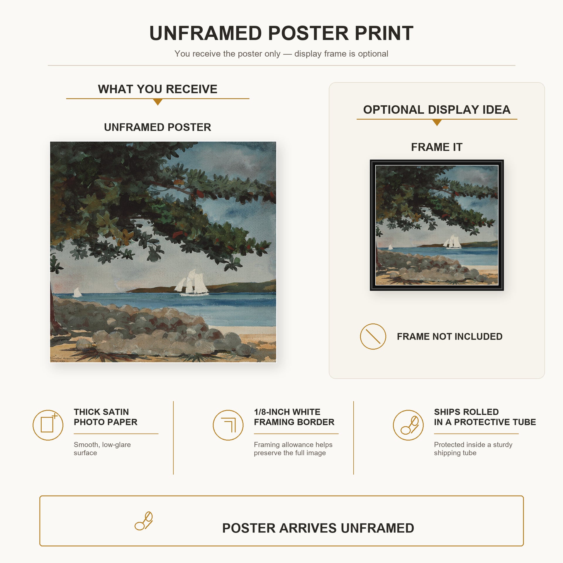 Winslow Homer - Nassau, Water and Sailboat poster print size comparison and framing display infographic