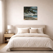 Unframed poster print of Winslow Homer's Nassau, Water and Sailboat displayed on a wall in a bedroom