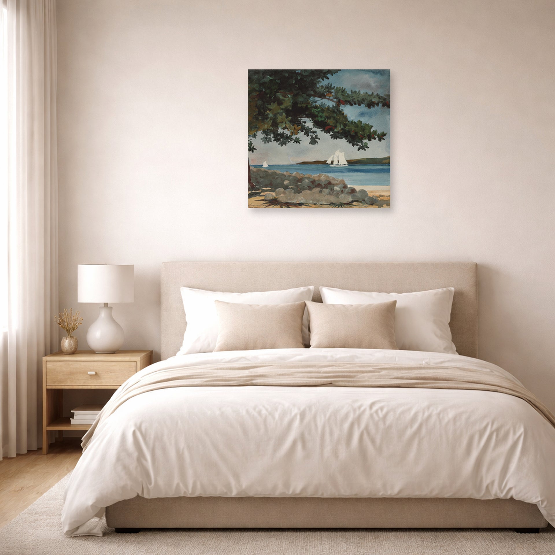 Unframed poster print of Winslow Homer's Nassau, Water and Sailboat displayed on a wall in a bedroom
