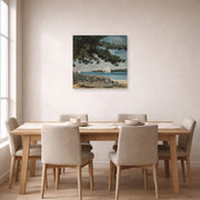 Unframed poster print of Winslow Homer's Nassau, Water and Sailboat displayed on a wall in a dining room