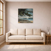 Unframed poster print of Winslow Homer's Nassau, Water and Sailboat displayed on a wall in a living room