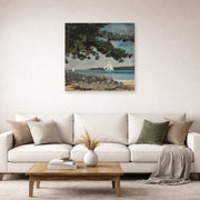 Unframed poster print of Winslow Homer's Nassau, Water and Sailboat displayed on a wall in a living room