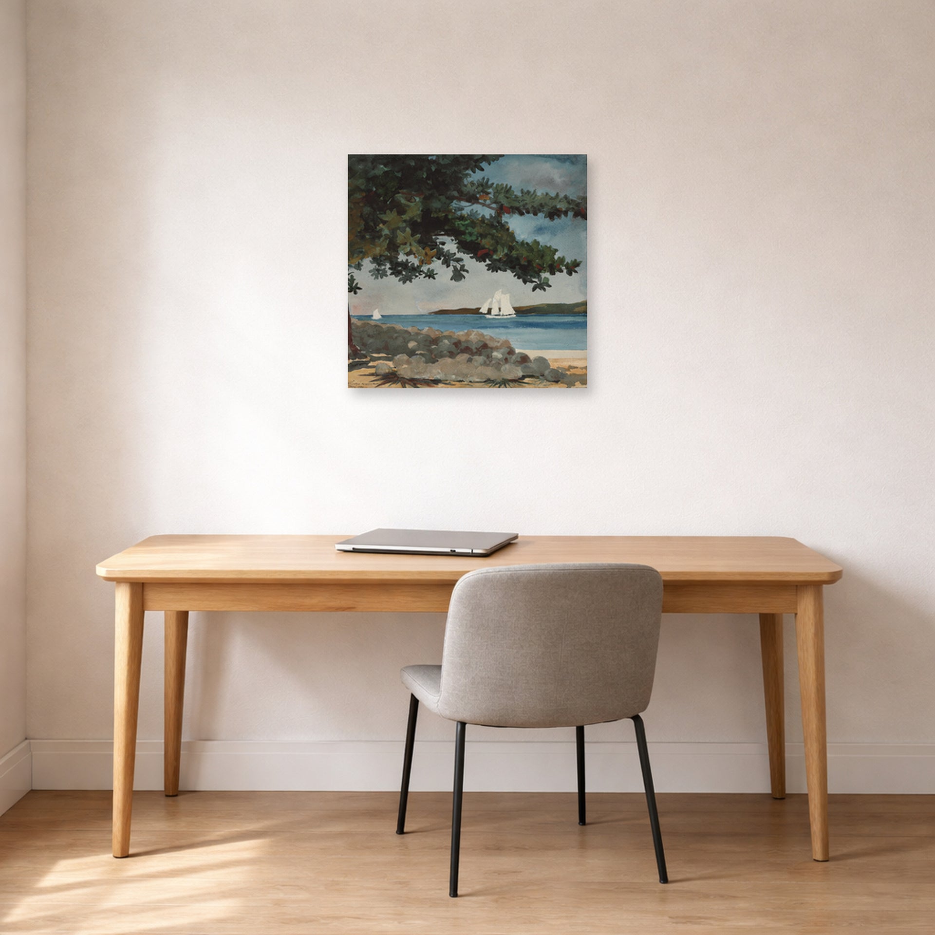 Unframed poster print of Winslow Homer's Nassau, Water and Sailboat displayed on a wall in an office