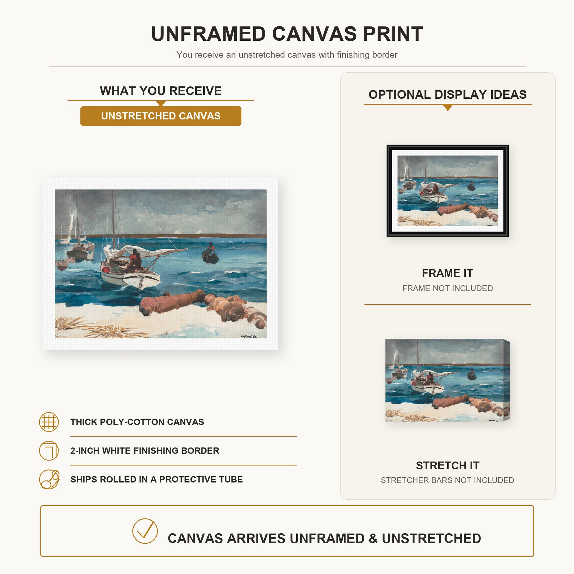 Winslow Homer - Nassau canvas print size comparison and framing display infographic