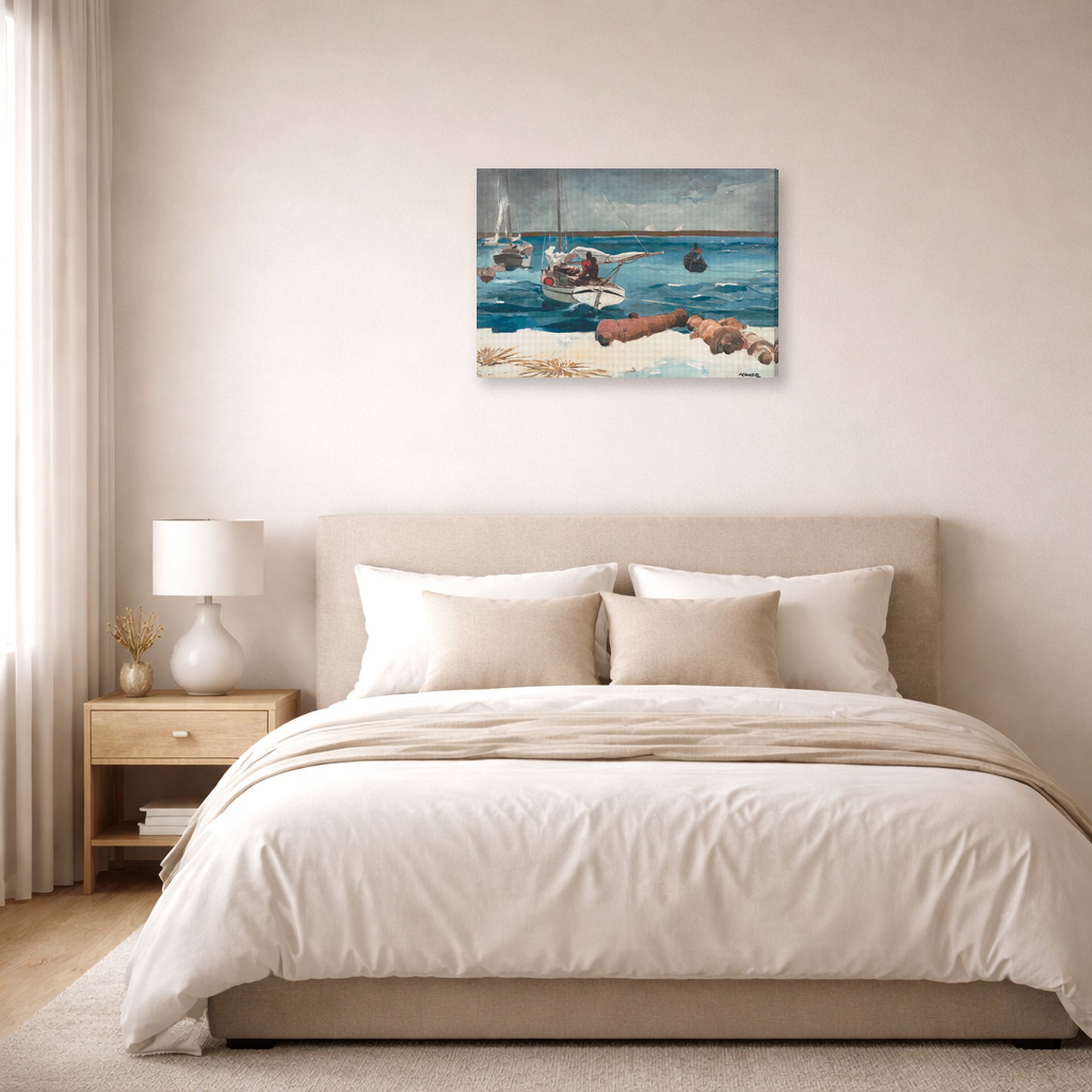Gallery-wrapped canvas print of Winslow Homer's Nassau displayed on a wall in a bedroom