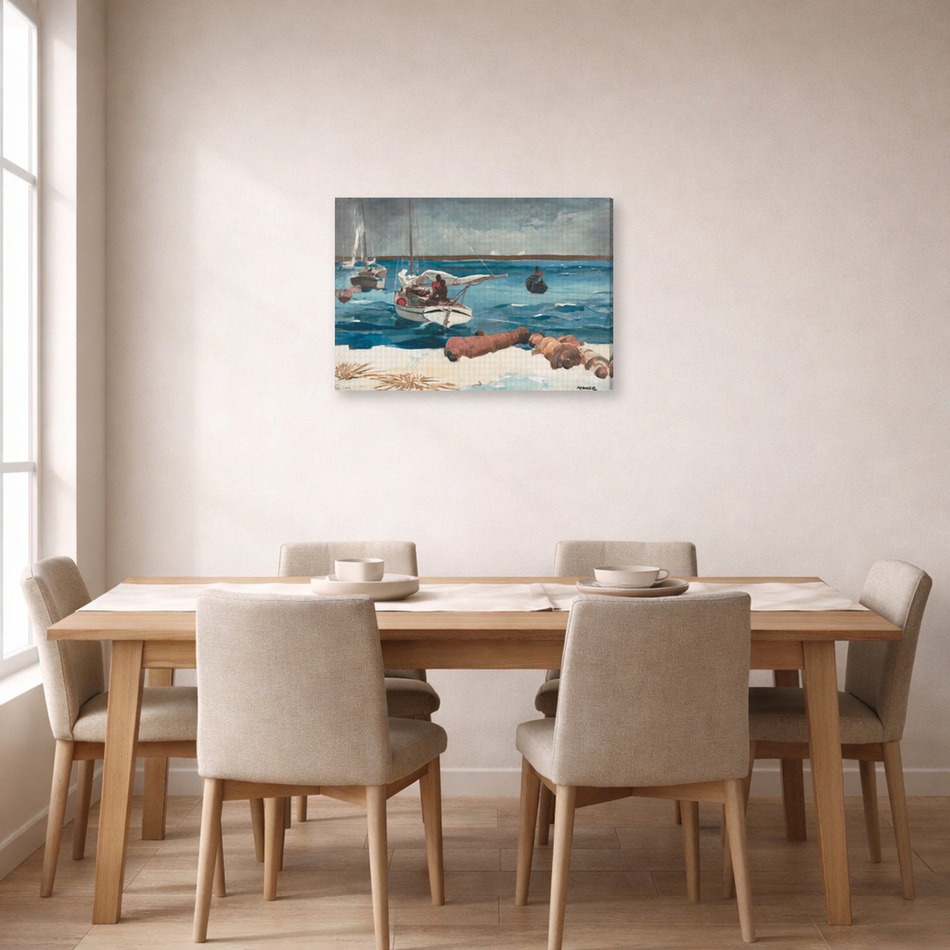 Gallery-wrapped canvas print of Winslow Homer's Nassau displayed on a wall in a dining room