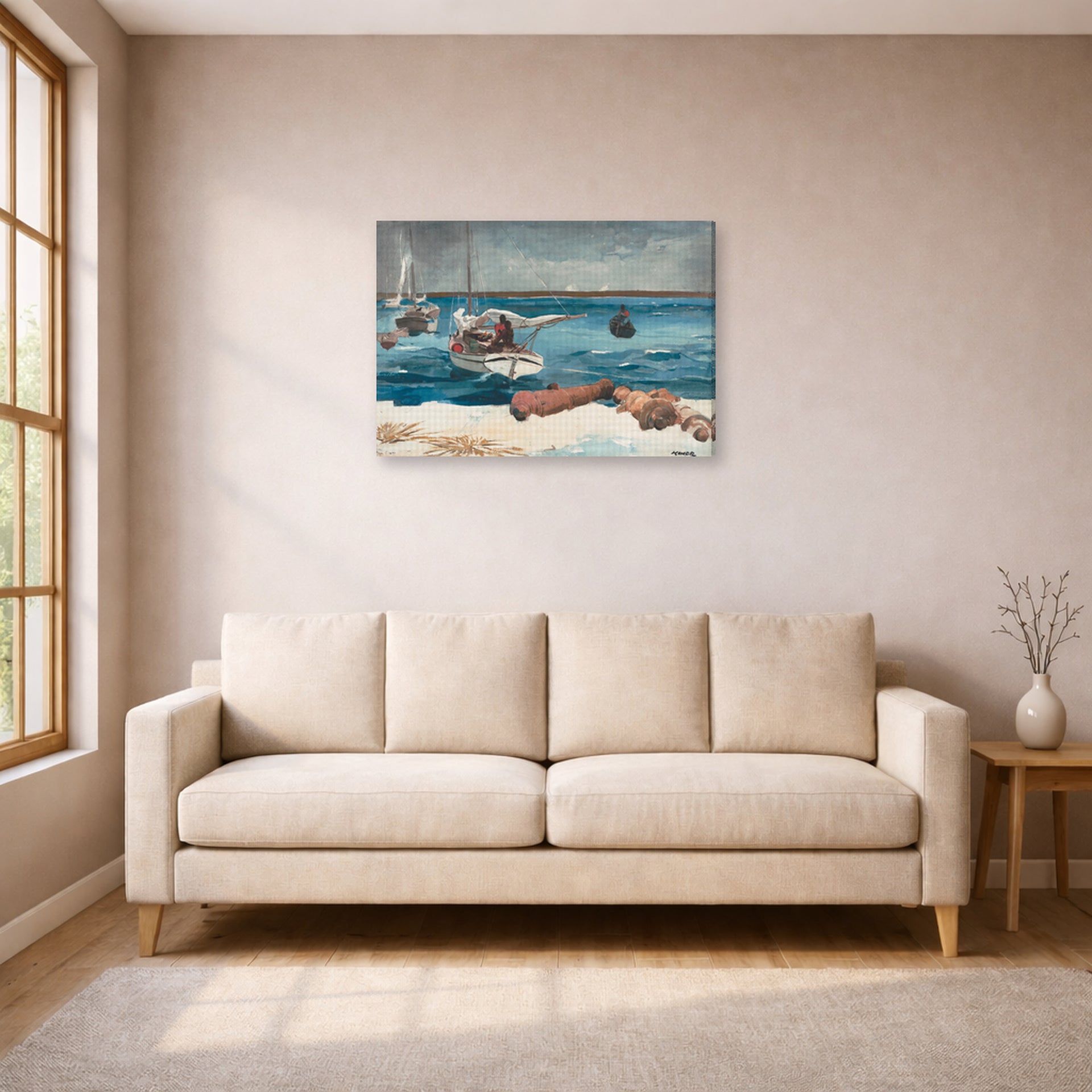 Gallery-wrapped canvas print of Winslow Homer's Nassau displayed on a wall in a living room