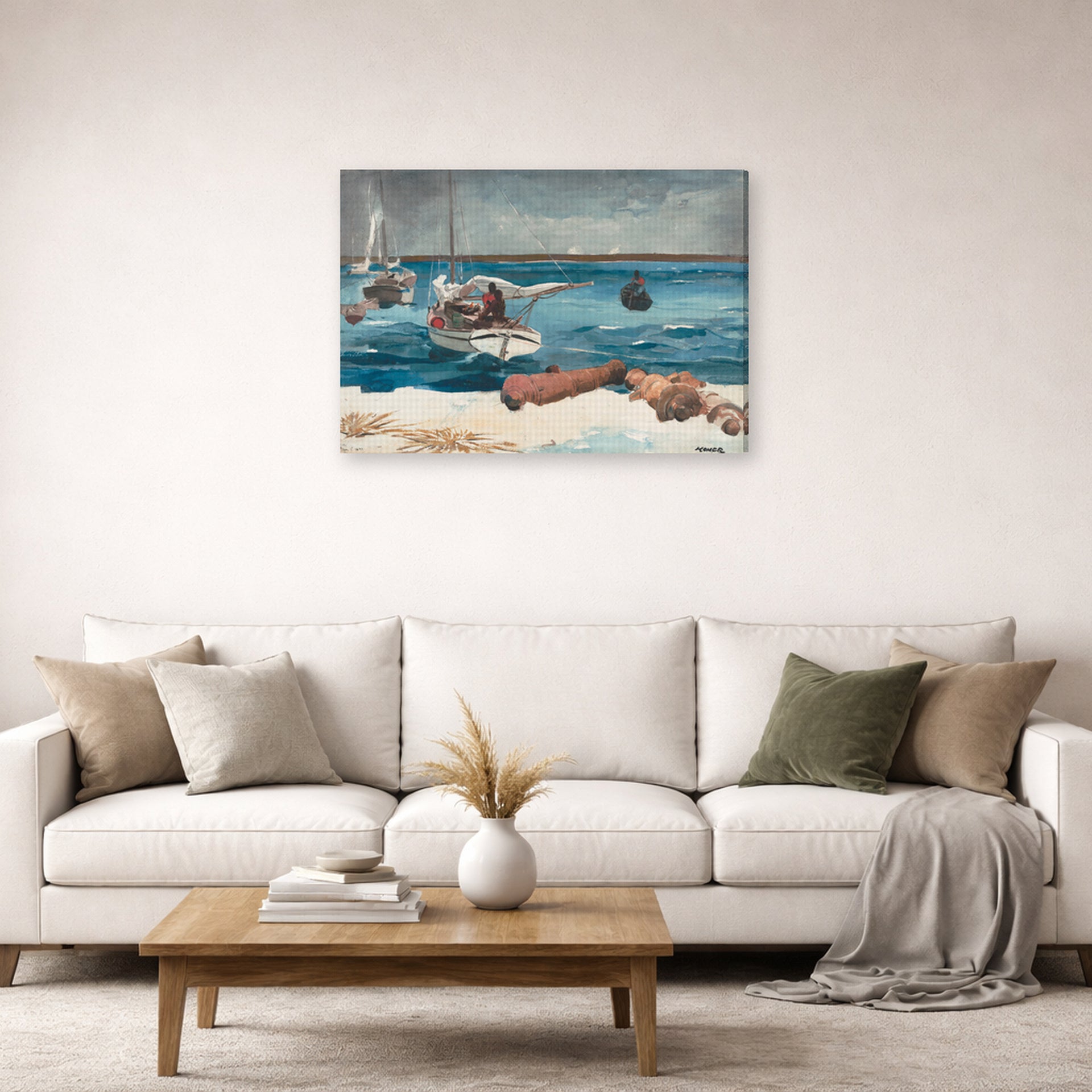 Gallery-wrapped canvas print of Winslow Homer's Nassau displayed on a wall in a living room