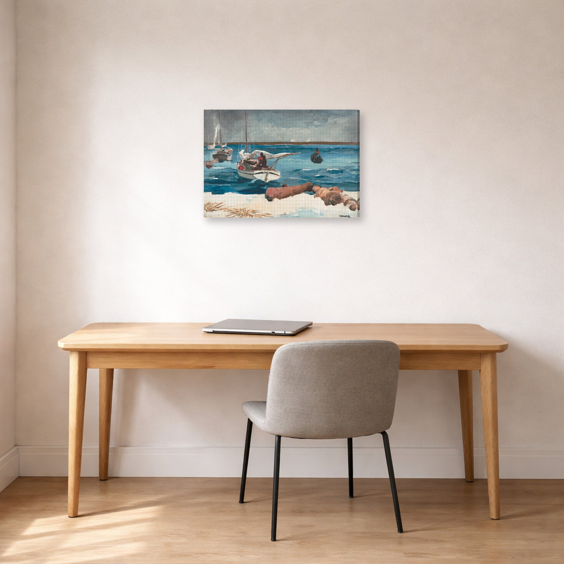 Gallery-wrapped canvas print of Winslow Homer's Nassau displayed on a wall in an office