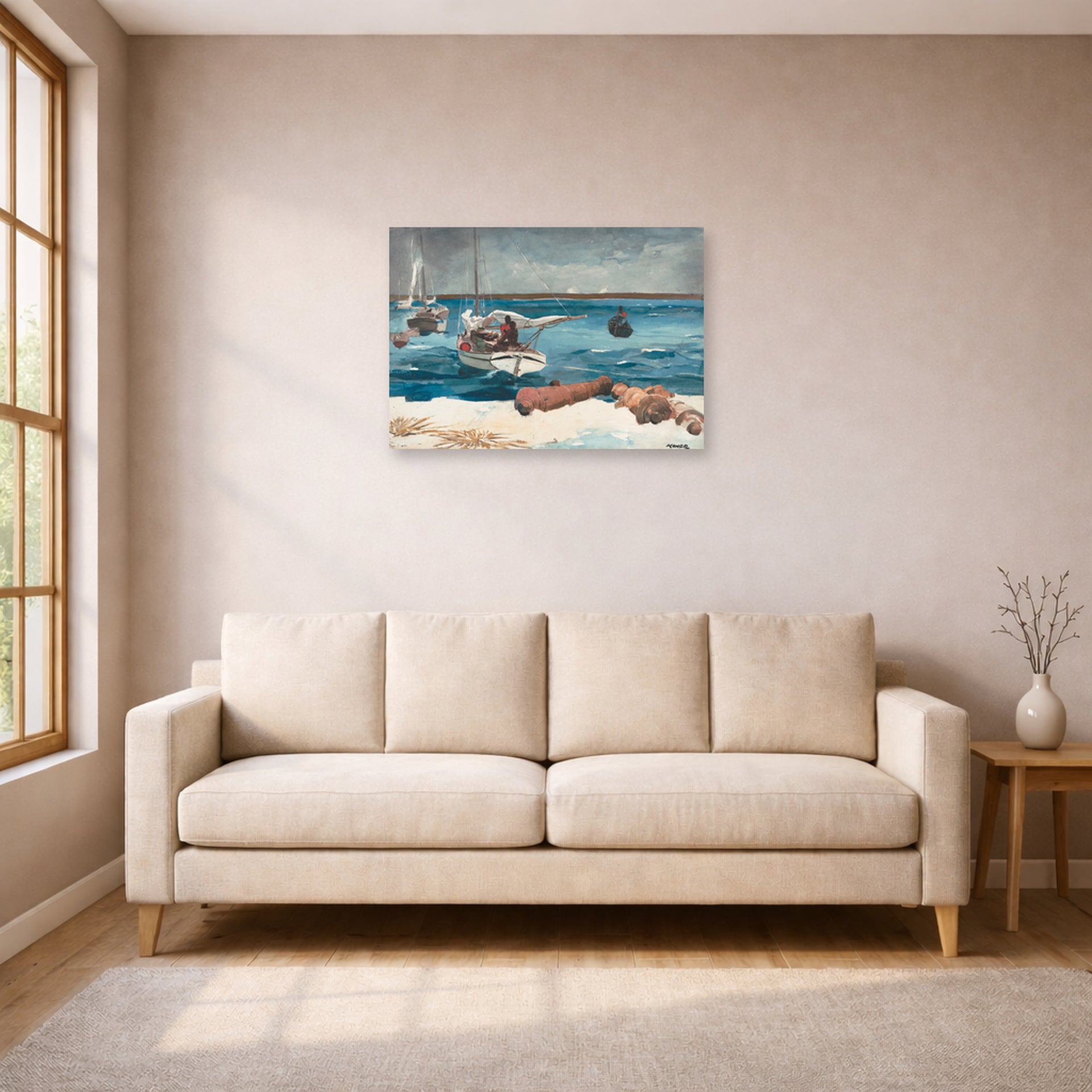 Unframed poster print of Winslow Homer's Nassau displayed on a wall in a living room