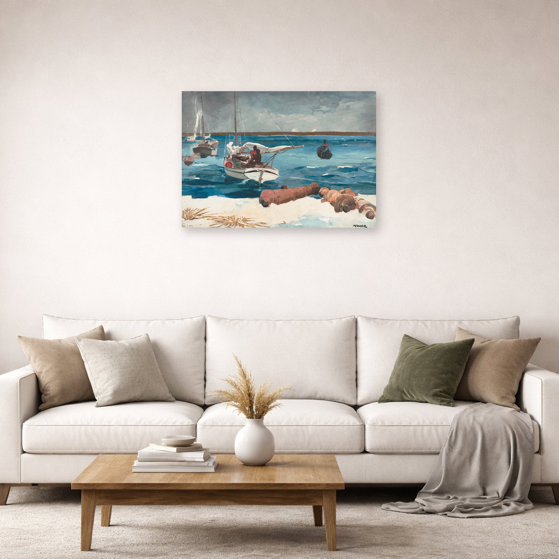Unframed poster print of Winslow Homer's Nassau displayed on a wall in a living room