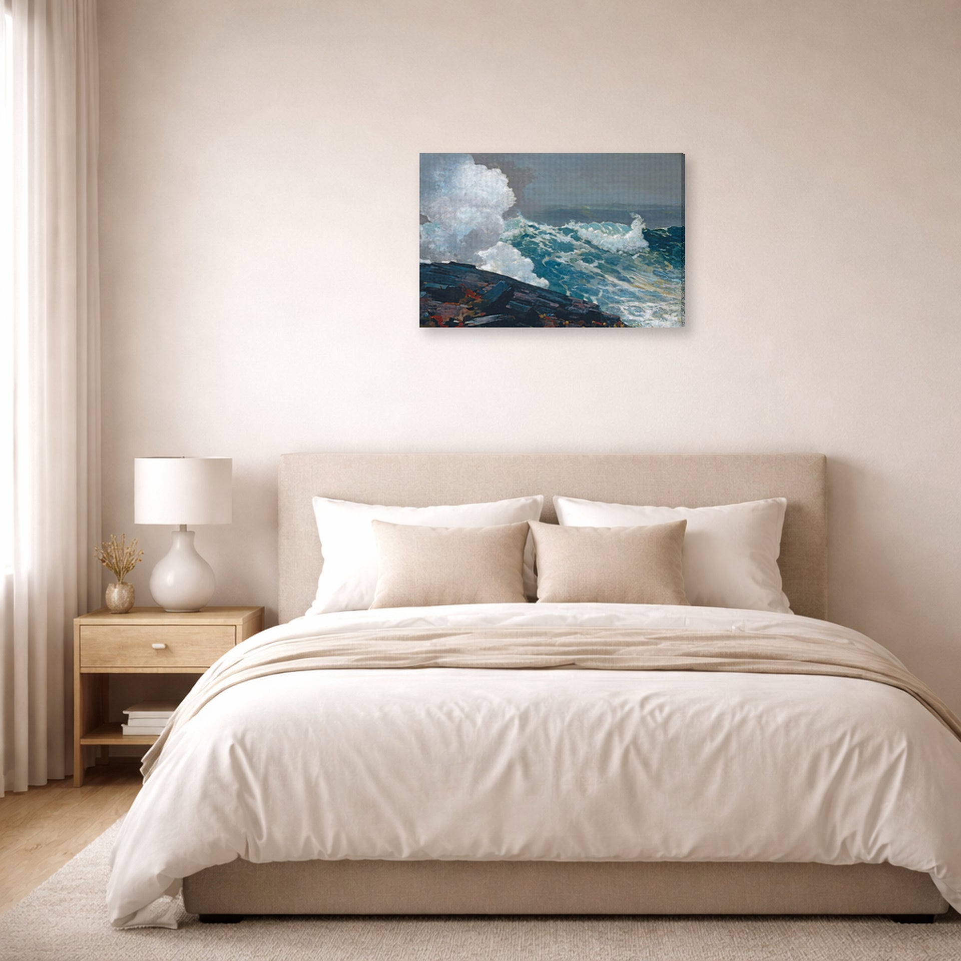 Gallery-wrapped canvas print of Winslow Homer's Northeaster displayed on a wall in a bedroom