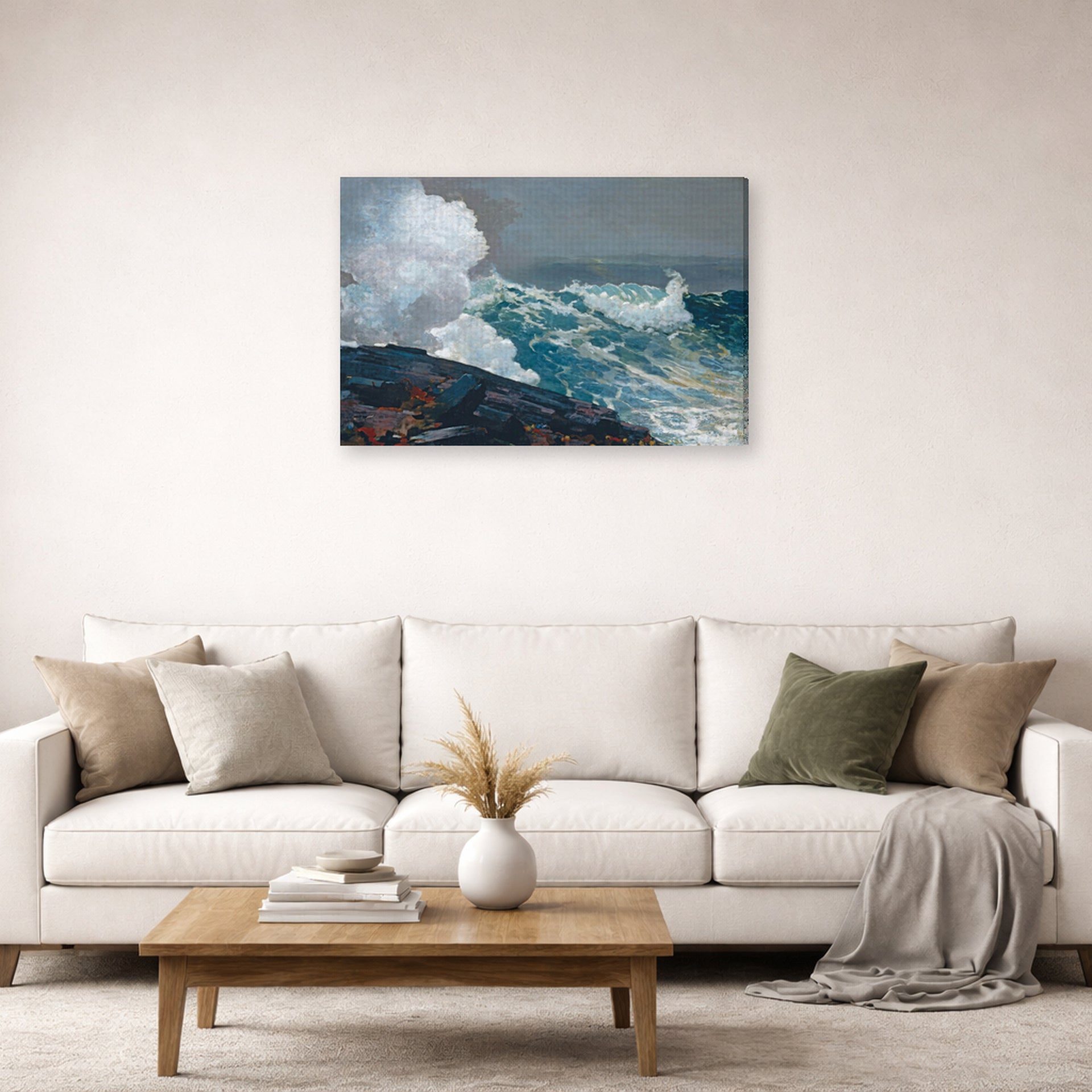 Gallery-wrapped canvas print of Winslow Homer's Northeaster displayed on a wall in a living room