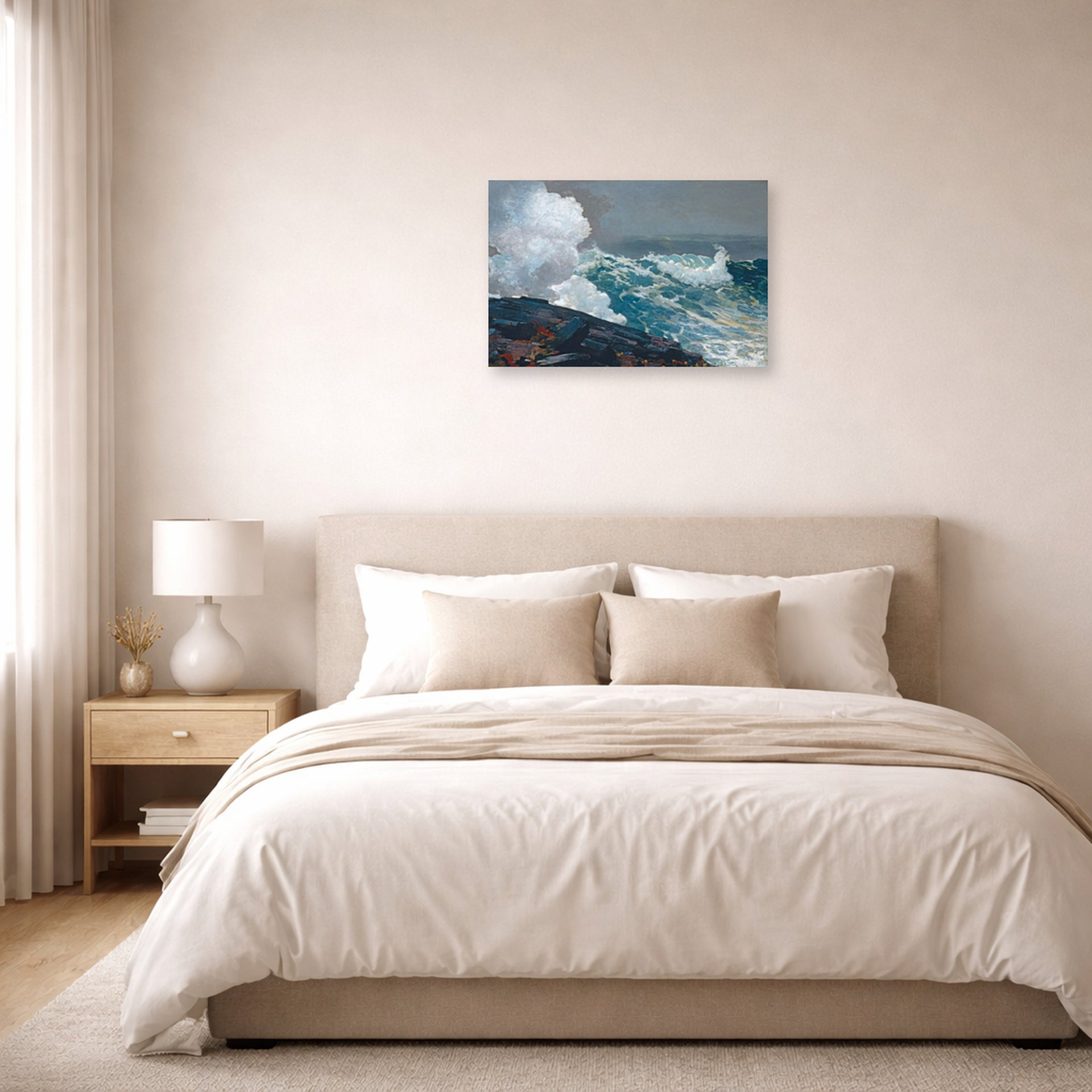 Unframed poster print of Winslow Homer's Northeaster displayed on a wall in a bedroom