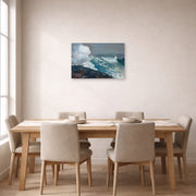 Unframed poster print of Winslow Homer's Northeaster displayed on a wall in a dining room