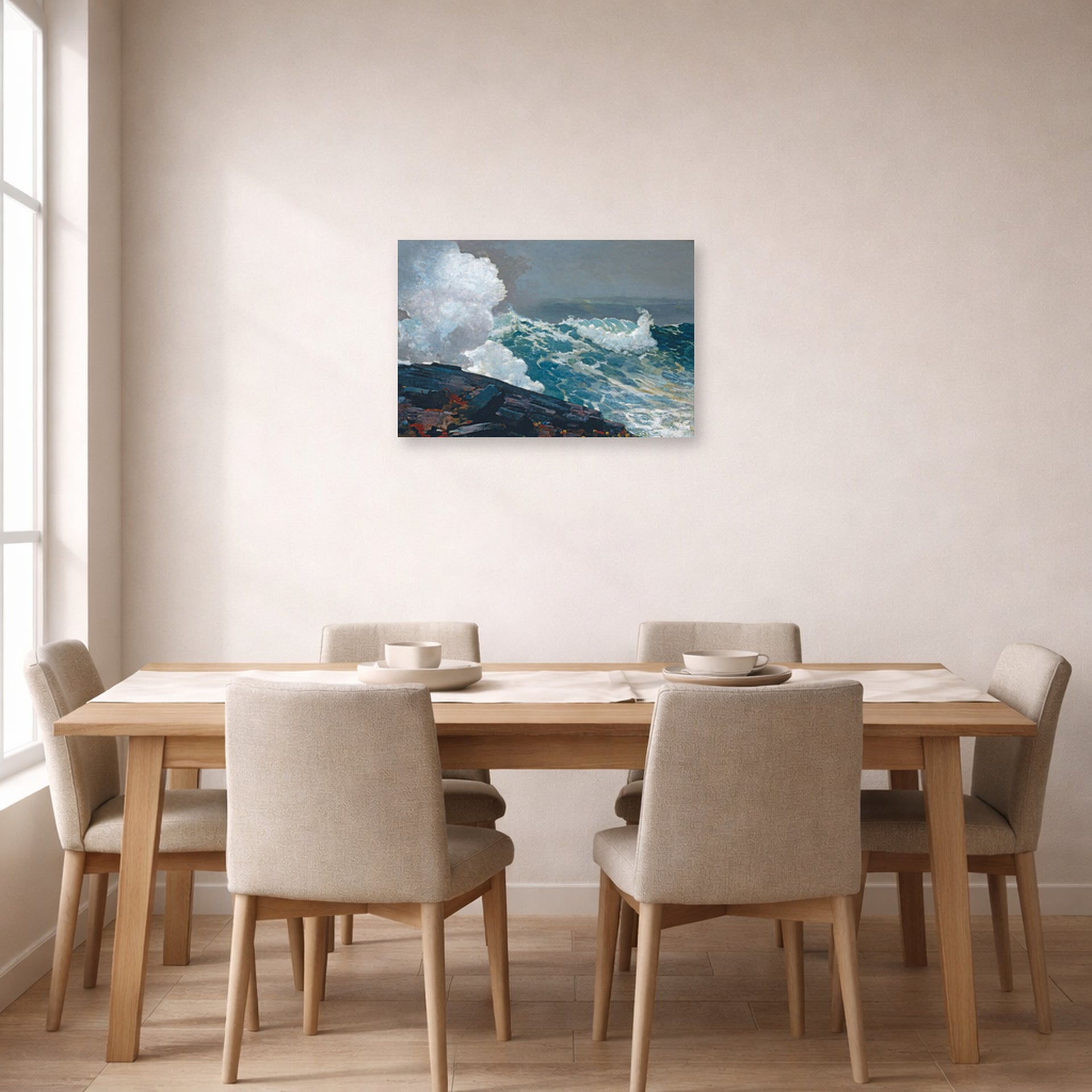 Unframed poster print of Winslow Homer's Northeaster displayed on a wall in a dining room