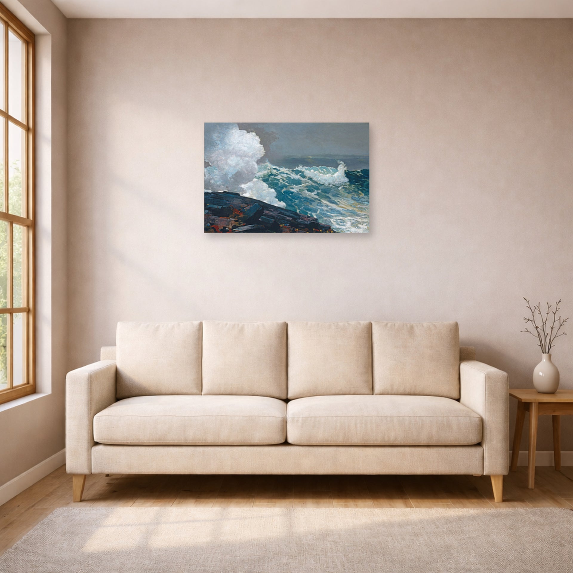 Unframed poster print of Winslow Homer's Northeaster displayed on a wall in a living room
