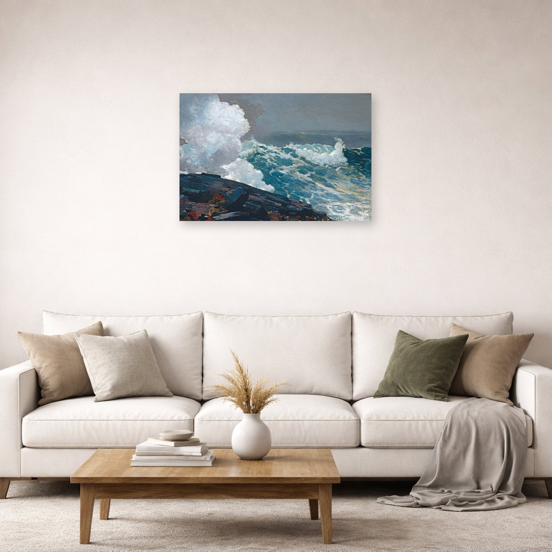 Unframed poster print of Winslow Homer's Northeaster displayed on a wall in a living room