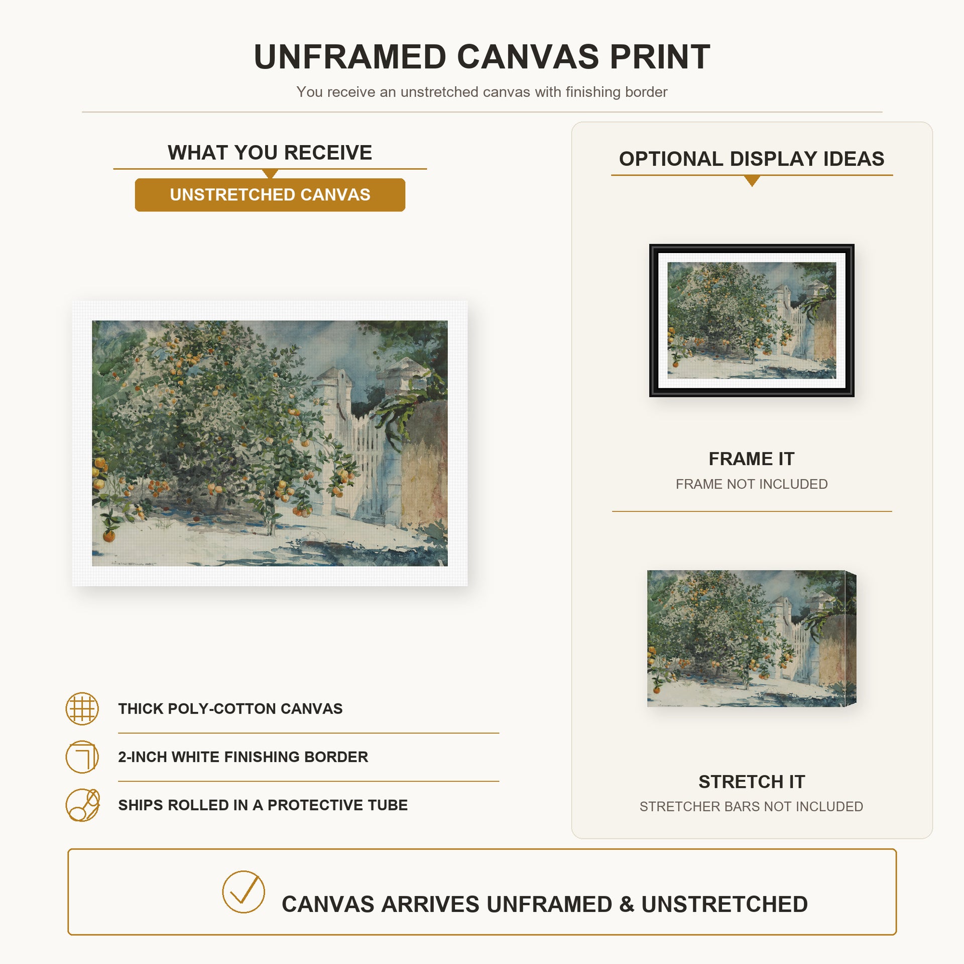 Winslow Homer - Orange Trees and Gate canvas print size comparison and framing display infographic