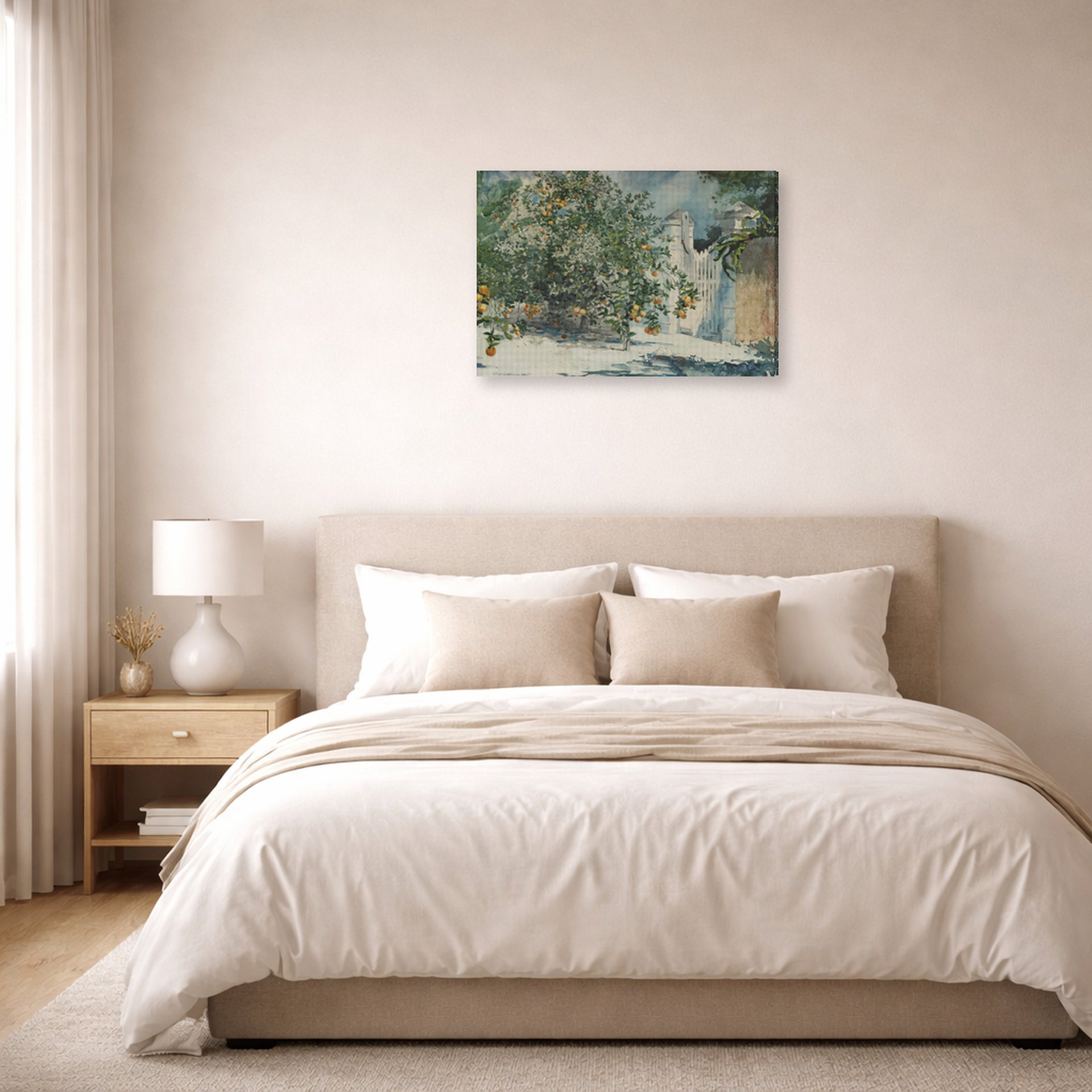 Gallery-wrapped canvas print of Winslow Homer's Orange Trees and Gate displayed on a wall in a bedroom