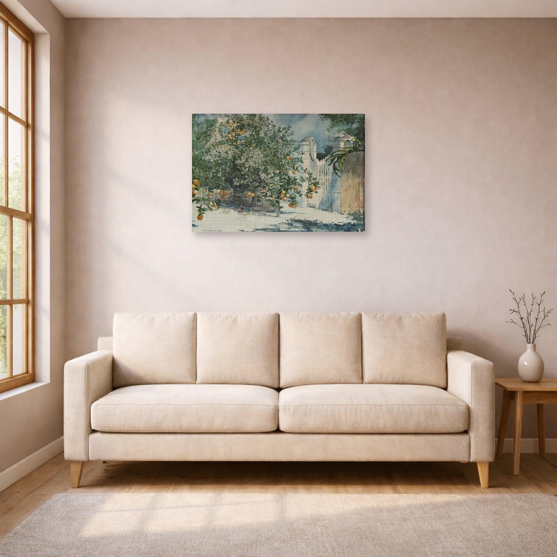 Gallery-wrapped canvas print of Winslow Homer's Orange Trees and Gate displayed on a wall in a living room