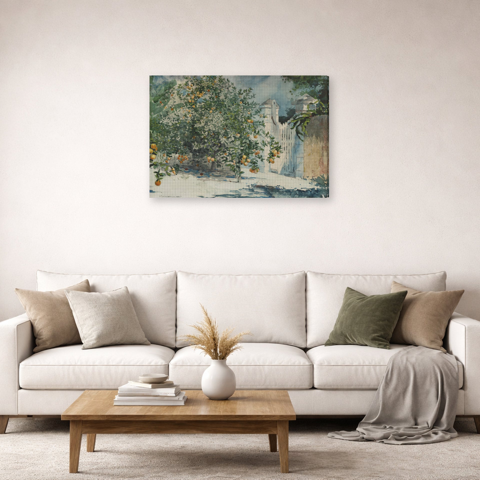 Gallery-wrapped canvas print of Winslow Homer's Orange Trees and Gate displayed on a wall in a living room