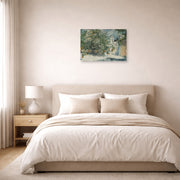Unframed poster print of Winslow Homer's Orange Trees and Gate displayed on a wall in a bedroom