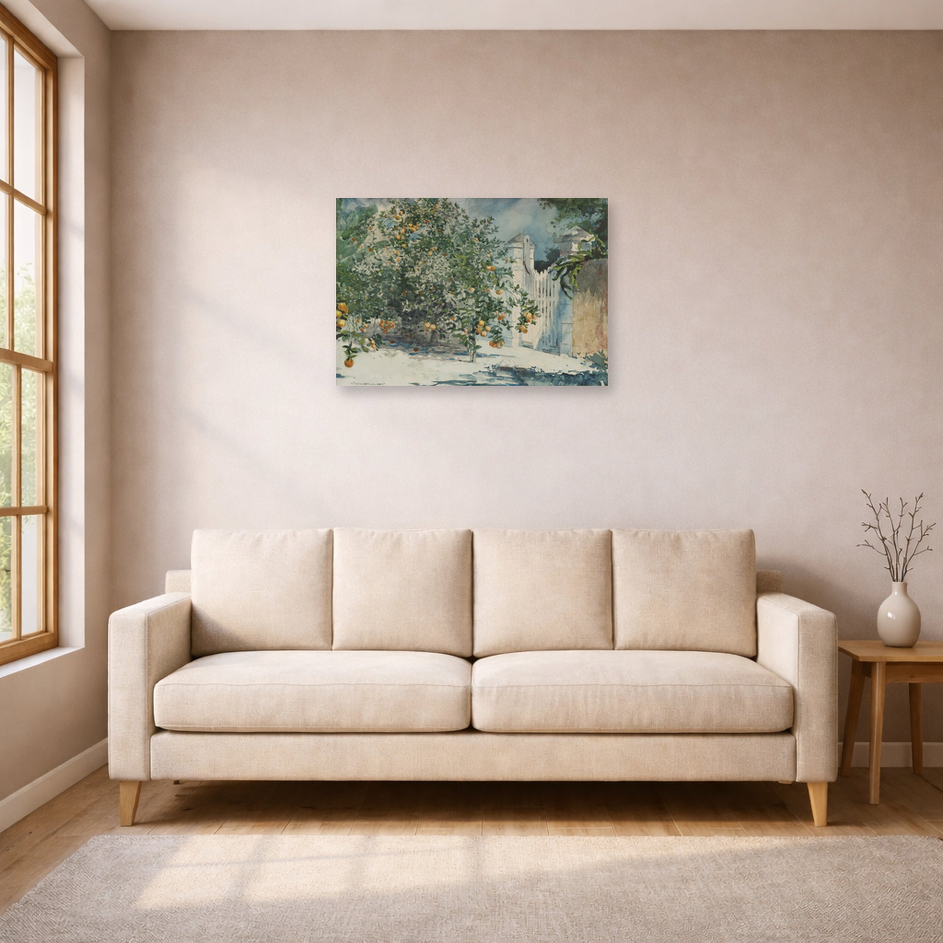 Unframed poster print of Winslow Homer's Orange Trees and Gate displayed on a wall in a living room